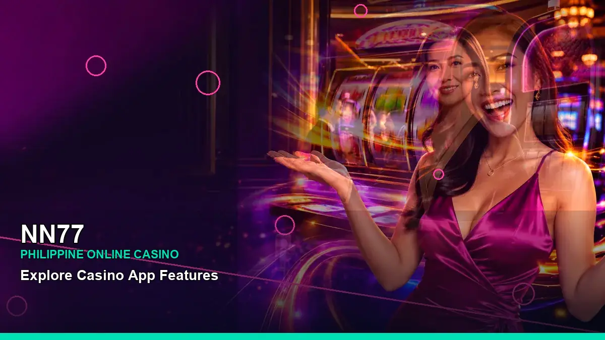 NN77 neon jackpot slot games featuring an adult Filipina casino host with a right-framed composition — view 2