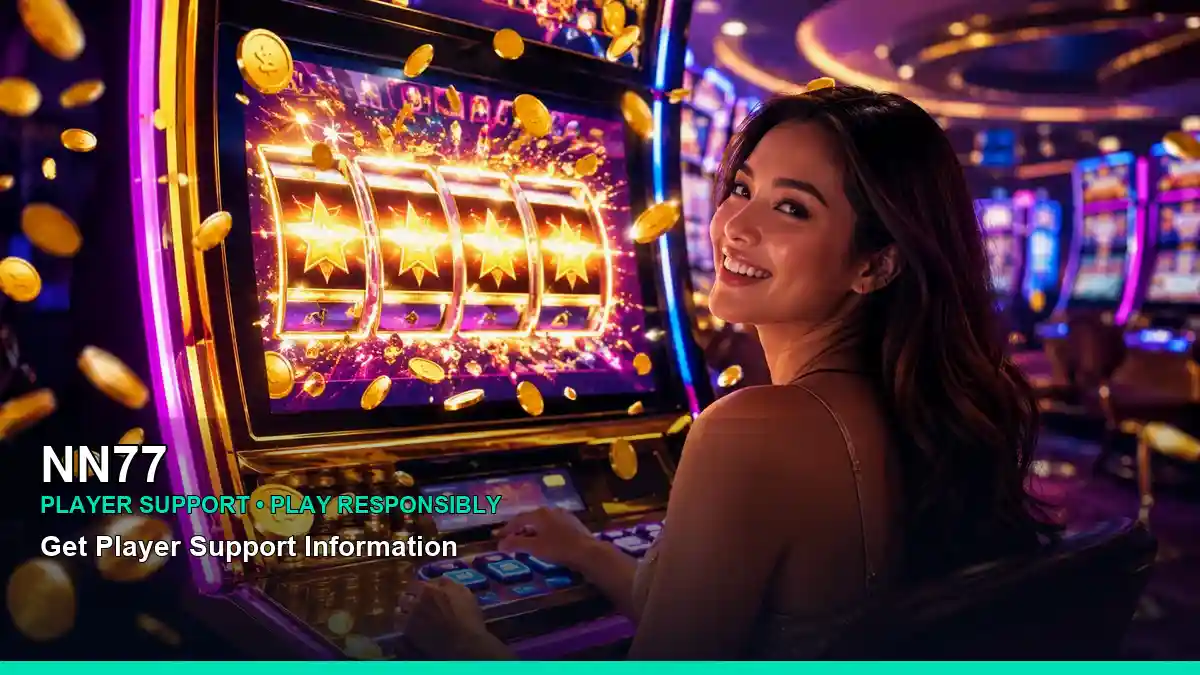 NN77 jackpot slot games featuring an adult Filipina casino host with a celebratory composition